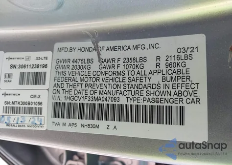 2021 Honda Accord Sport z USA, uszkodzony, nr VIN 1HGCV1F33MA047093